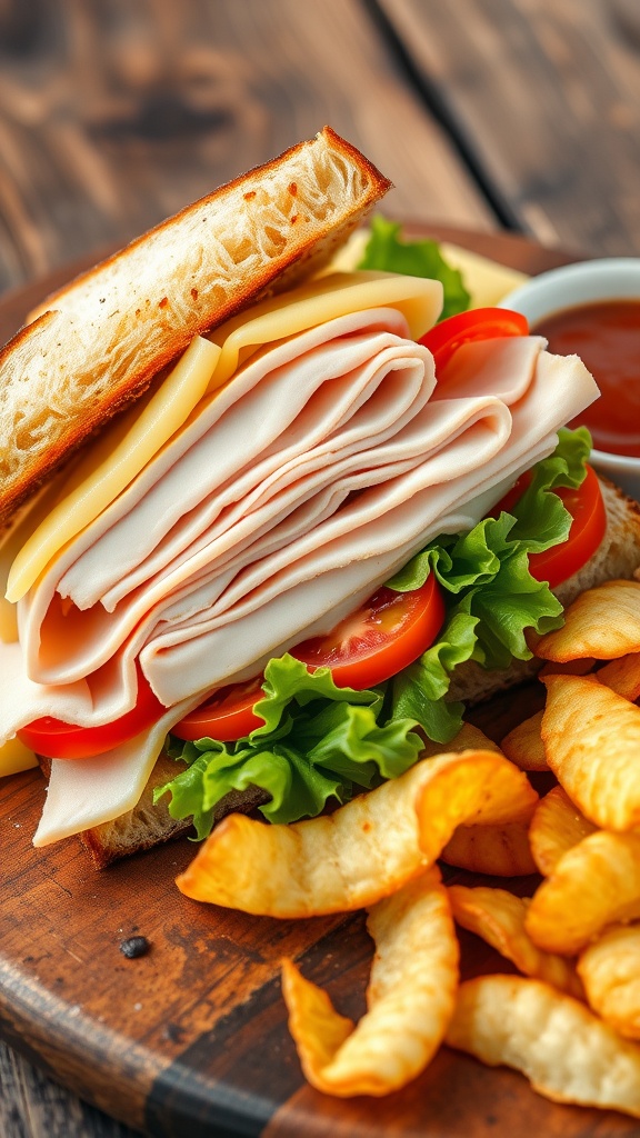 A turkey and cheese sandwich cut in half, showcasing layers of turkey, cheese, lettuce, and tomato, with potato chips on the side.